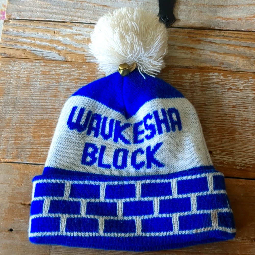 Waukesha Block unisex warm winter hat w/ jingle bells - rare vintage item